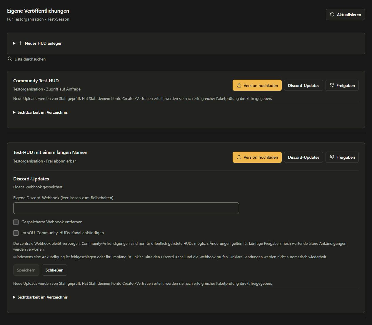 Actual desktop component for a custom webhook and optional community channel, with sample data only